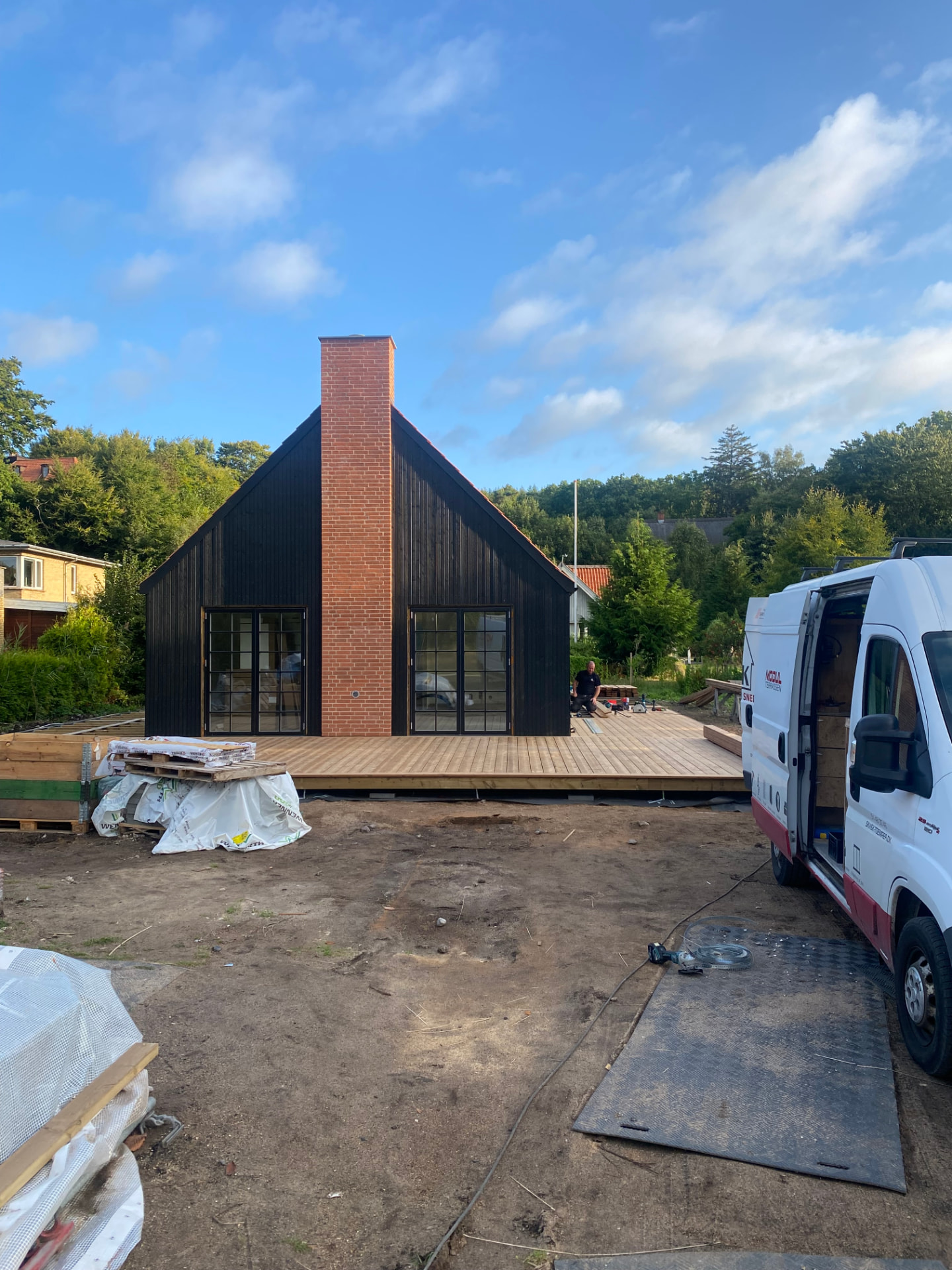 Nyopført hus med sort facade og træterrasse